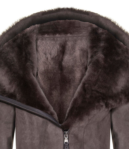 Womens Merino Sheepskin Hooded Coat-Antioch - Taupe