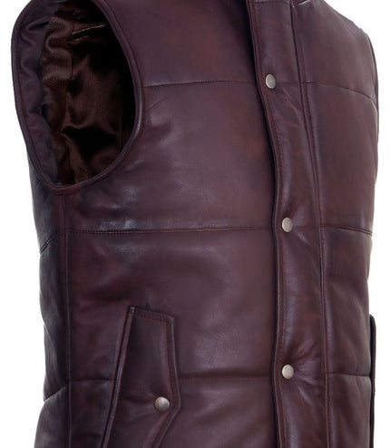 Mens Classic Leather Puffer Waistcoat-Nottingham - Brown
