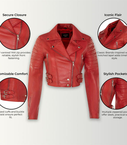 Womens Cropped Brando Leather Biker Jacket-Damascus - Red