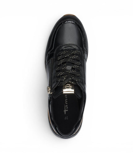 Tamaris Womens Black Faux Leather Fashion Lace Up Sneakers - 23613-46