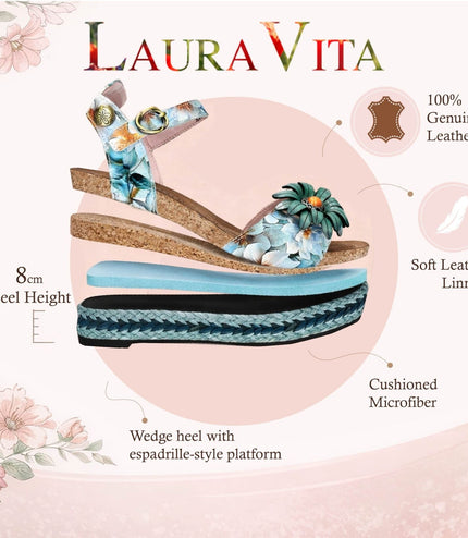 Laura Vita Women's Facyo 75 Blue Floral Leather Wedge Espadrille Sandals