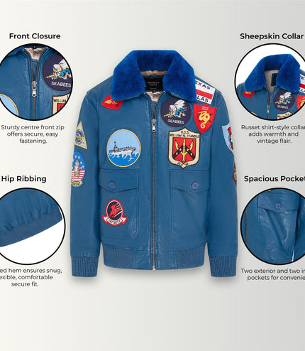 Mens A2 Top Gun Leather Bomber Jacket-Camborne - Blue