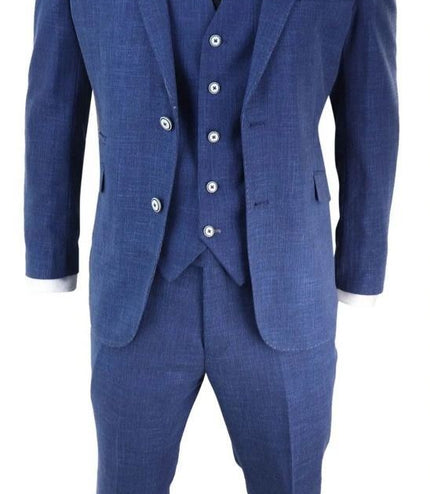 Mens 3 Piece Blue Linen Summer Spring Classic Suit