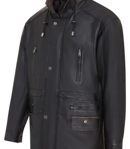 Mens Soft Italian Leather Parka Coat-Winnipeg - Black-Brown