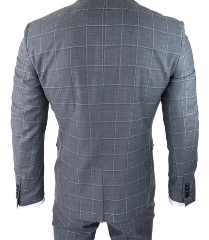Mens Grey Suit 3 Piece Check Vintage Retro Smart Wedding Classic Tailored Fit