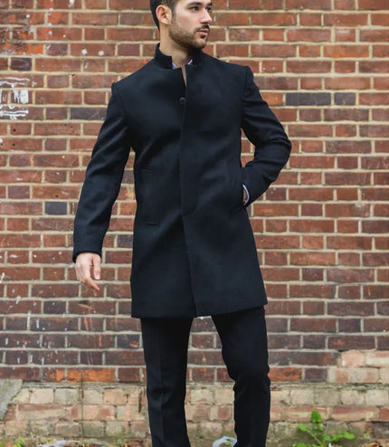 Men's Black Stand Collar Wool Blend Overcoat