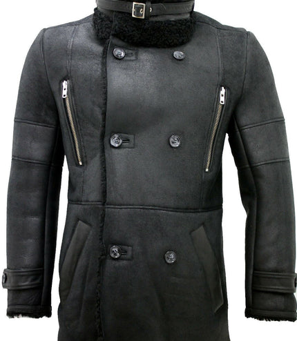 Mens Double Breasted Sheepskin Reefer Coat-Candon