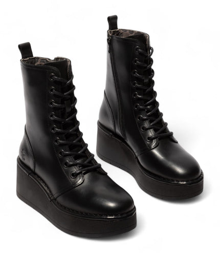 Fly London Womens Black Hait273 Leather Lace-Up Chunky Platform Ankle Boots