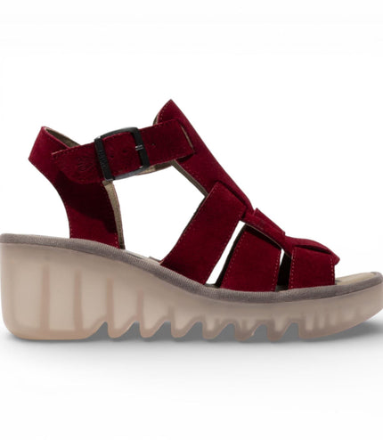 Fly London Women's BAIC621FLY Berry Red Suede Leather Wedge Sandals