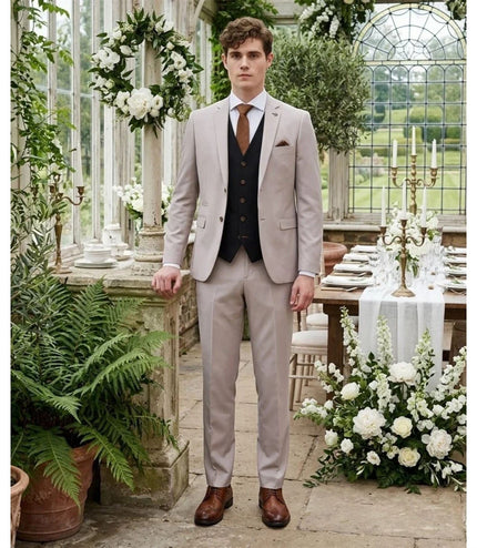 Mens Cream Suit with Black Waistcoat 3 Piece Wedding Suit - Mayfair
