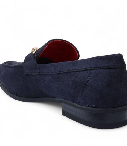 Men's Navy Suede Loafers with Gold Buckle Slip-On Dress Shoes