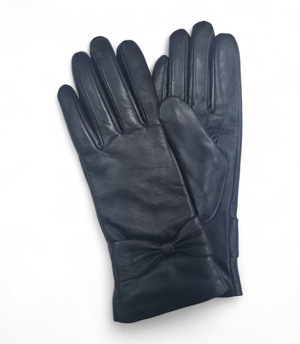 Womens Black Italian Leather Winter Bow Design Soft Wool Lining Gloves - L-GLV-401