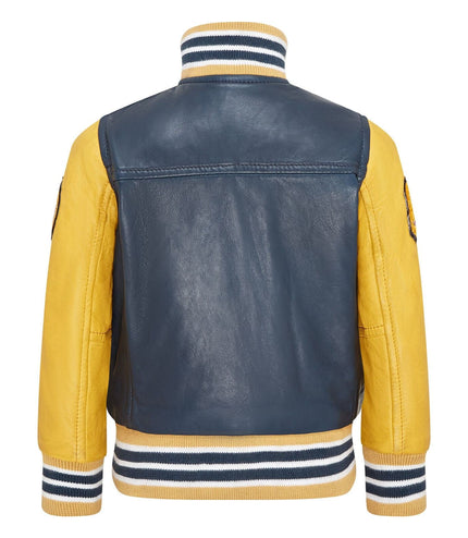 Kids Blue Letterman Leather Varsity College Bomber Jacket