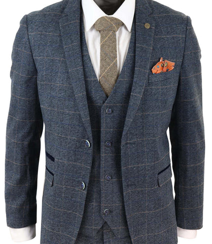 Mens 3 Piece Blue Tweed Check Vintage Suit