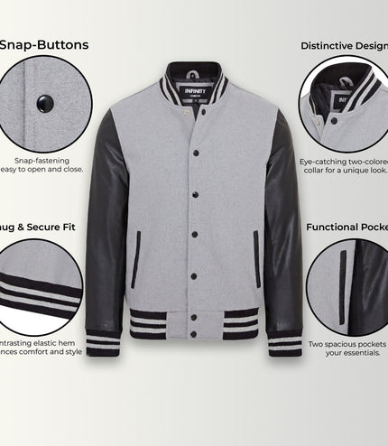 Letterman Baseball Wool Leather Varsity Bomber Jacket - Genoa - Grey/Black