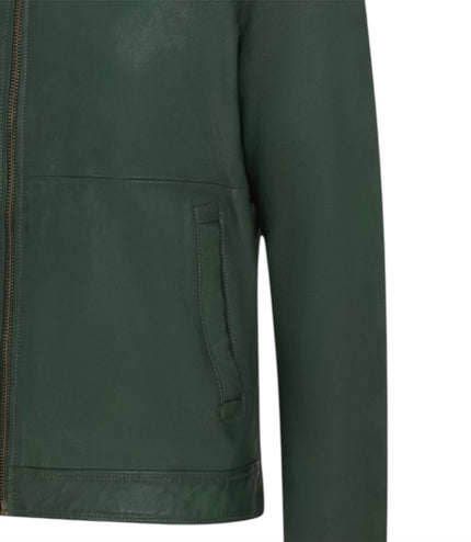 Mens Leather Green Harrington Collar Biker Jacket - Alpha