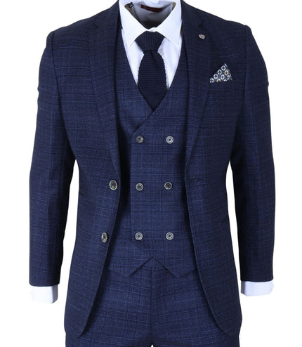 Men's Blue Plain Check 3 Piece Slim Fit Formal Wedding Suit
