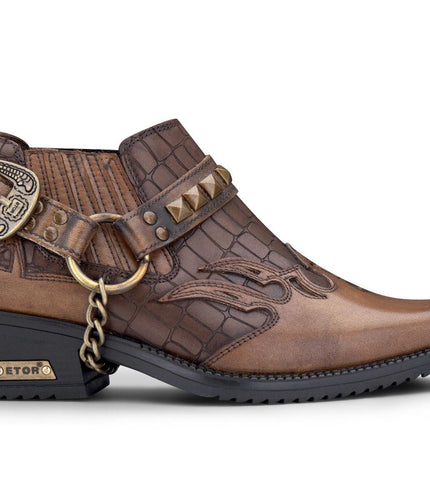 Men'S Tan Croc Leather Winklepicker Studded Western Biker Boots