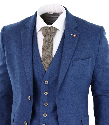 Mens 3 Piece Blue Tweed Wool Twill Vintage Classic Suit