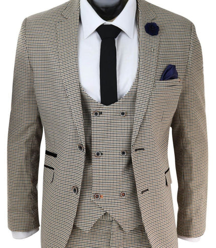 Mens 3 Piece Beige Check Retro Vintage Classic Suit