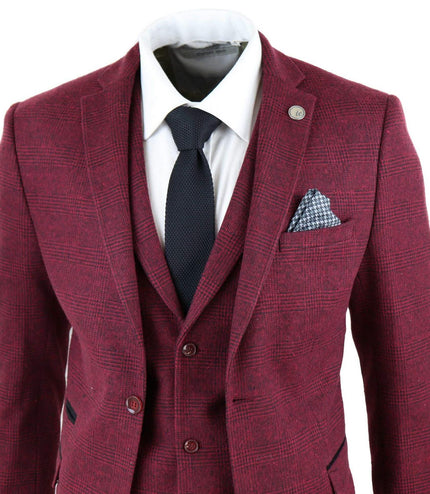 Mens 3 Piece Tweed Suit Wool Burgundy Black 1920s Authentic 1920s Blinders Suit Retro Classic