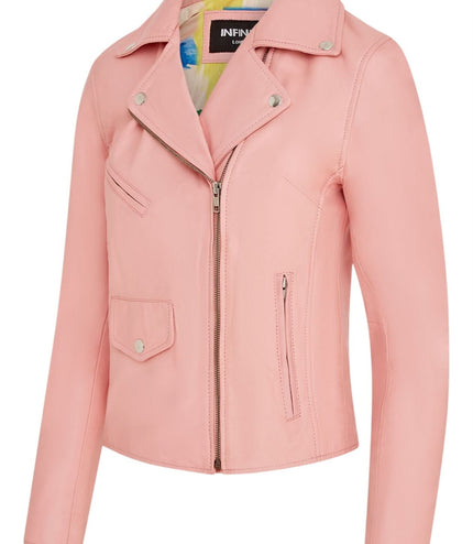 Women's Classic Brando Biker Leather Jacket - Broome - Baby Pink