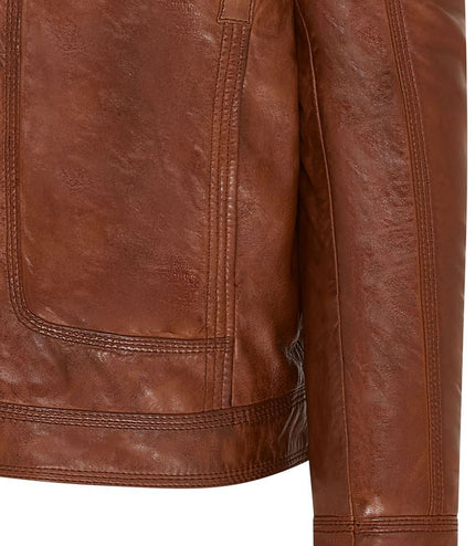 Mens Leather Jacket Trucker Removable Sheepskin Collar Casual Jacket - Tan