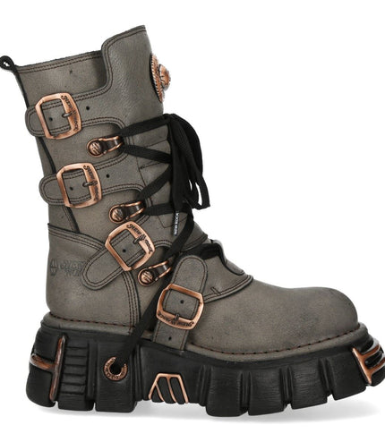New Rock Grey Brown Leather Gothic Mid-Calf Biker Boots - M-373XL-C119