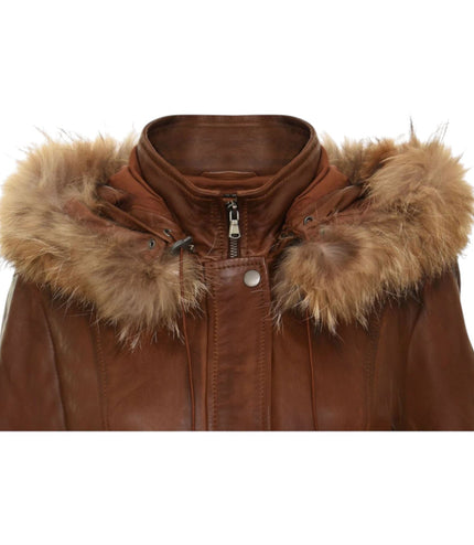 Womens Warm Leather Hooded Parka Jacket-Northwich - Tan