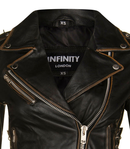 Womens Brando Black Leather Biker Jacket-Bari