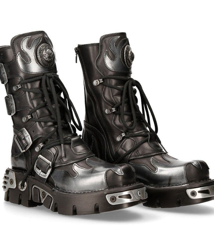 Pair of New Rock 591-S2 flame accented leather boots standing side by side
