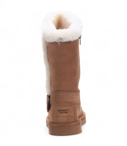 Women's Genuine Sheepskin Tan Brown Suede Calf Winter Warm Boots - Redwood