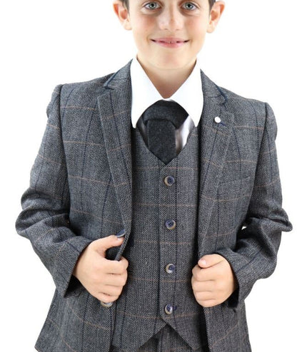 Boys 3 Piece Charcoal Grey Herringbone Tweed Check Classic  Suit