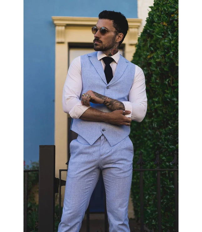 Men's Summer 2 Piece Suit Linen Formal Blue Waistcoat Trousers