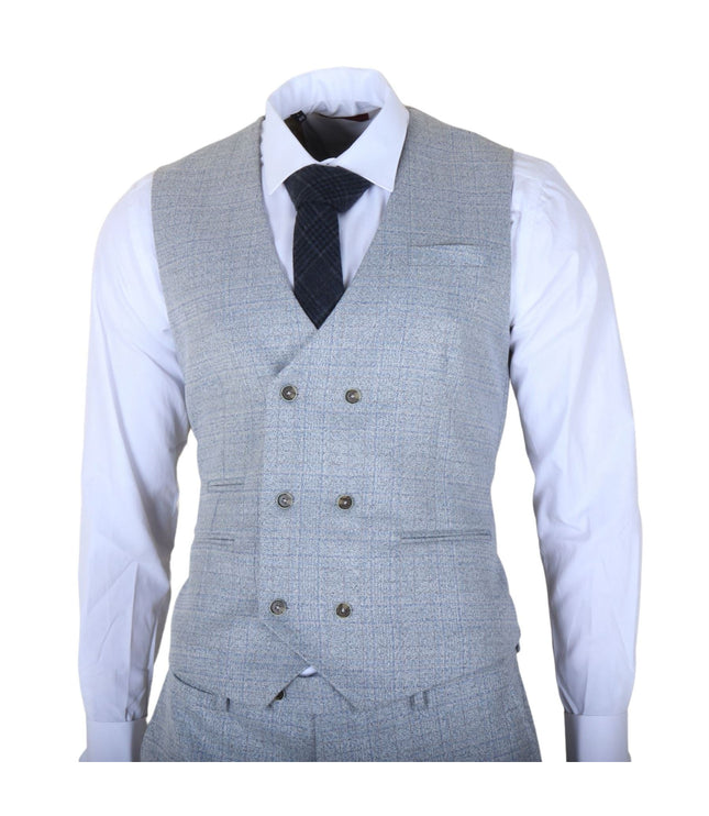 Men's Light Blue Plain Check 3 Piece Slim Fit Formal Wedding Suit