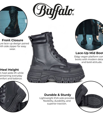 Buffalo Womens Black Chunky Platform Lace Up Mid High Combat Boots - Fusion