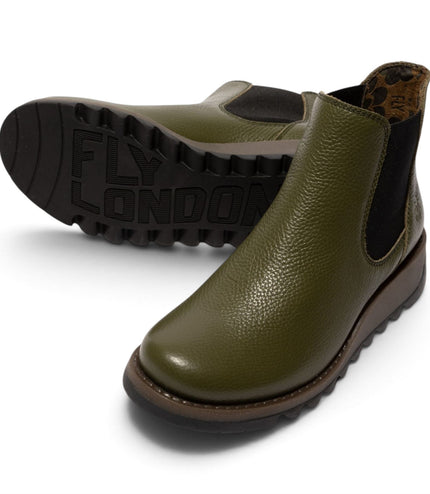 Fly London Womens Military Green Chelsea Leather Ankle Boots - SALV195