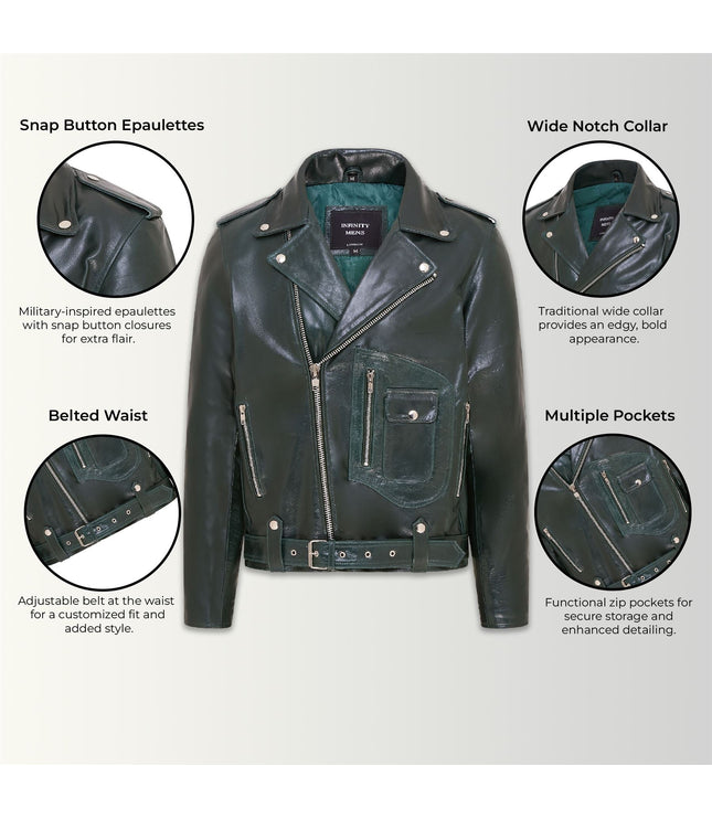 Mens Retro Brando Quilted Leather Biker Jacket Vintage Motorcycle Style - Green