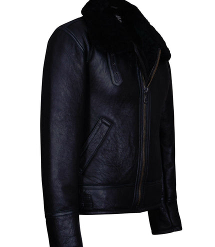 Mens B3 WW2 Leather Sheepskin Aviator Flying Jacket-Charleston - Black