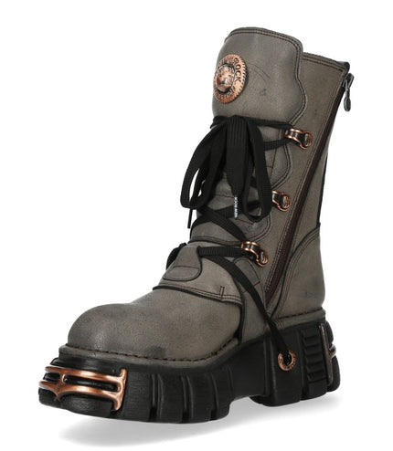 New Rock Grey Brown Leather Gothic Mid-Calf Biker Boots - M-373XL-C119