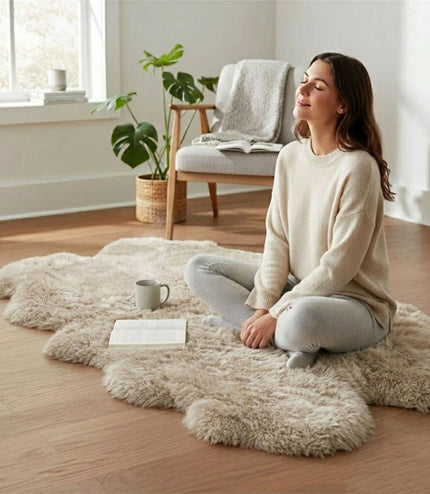 Genuine Sheepskin Cream Quad Natural Fluffy Silky Soft Real Wool Rug