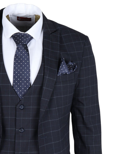 Men's Navy Checked 3 Piece Suit Tailored Fit