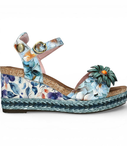 Laura Vita Women's Facyo 75 Blue Floral Leather Wedge Espadrille Sandals