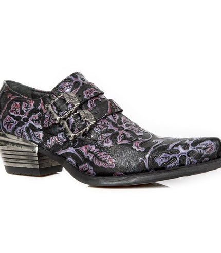 New Rock Vintage Purple Floral Leather Buckle Shoes-7960-S8