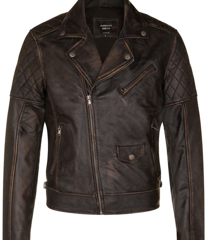 Mens Cross Zip Leather Biker Jacket - Gibraltar - Vintage Black