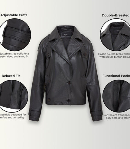 Womens Cropped Oversized Trench Leather Jacket - Canberra - Black