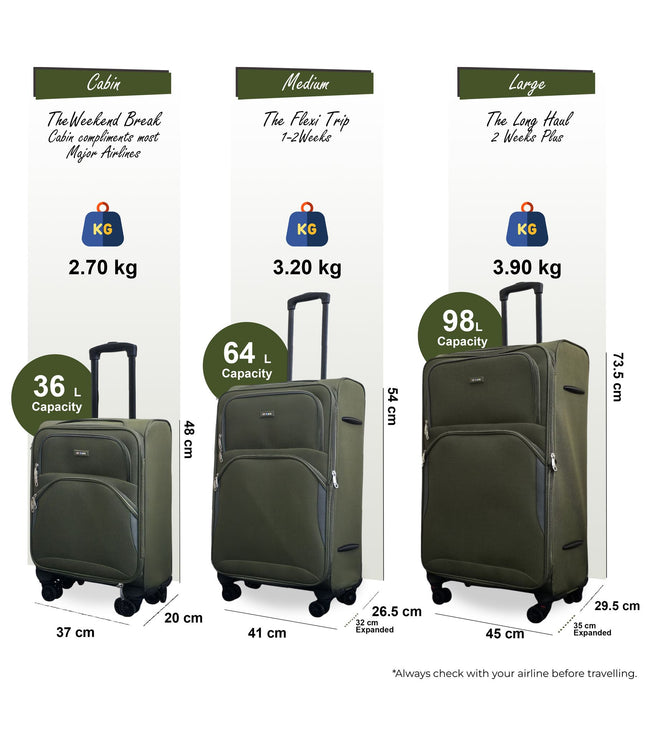 Gosford Set of 3 Soft Shell Suitcase in Green