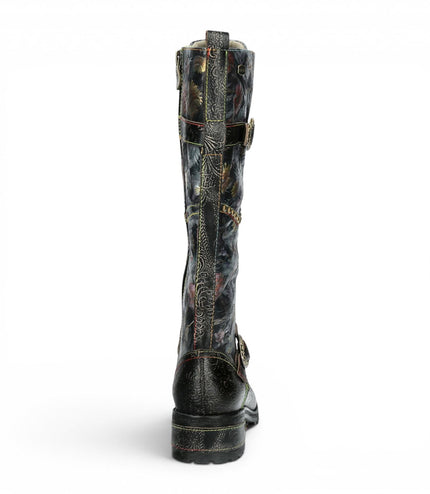 Laura Vita Women's Victorian Floral Black Leather High Lace-Up Long Boots - Cocrailo-82