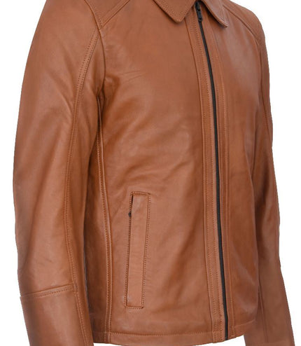 Mens Smart Classic Harrington Leather Jacket-New York - Tan