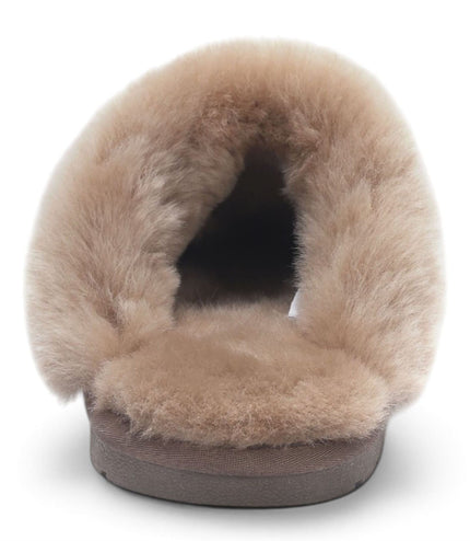 Women's Genuine Sheepskin Taupe Suede Mule Winter Slippers - Luna